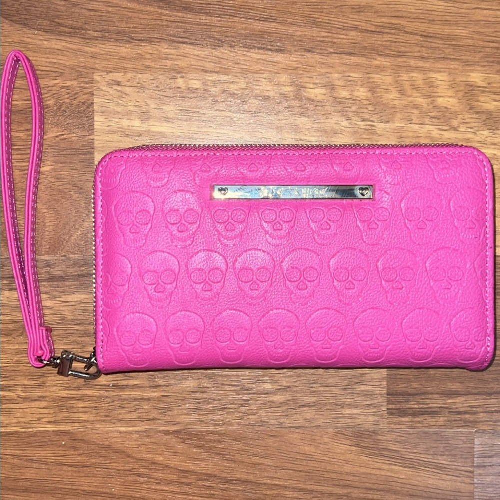 Betsey Johnson Pink Skull Embossed Women's Wristlet—zip around, silver accents